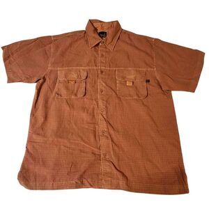 Weekendz off Men's button-down casual short sleeve orange crosshatch shirt L
